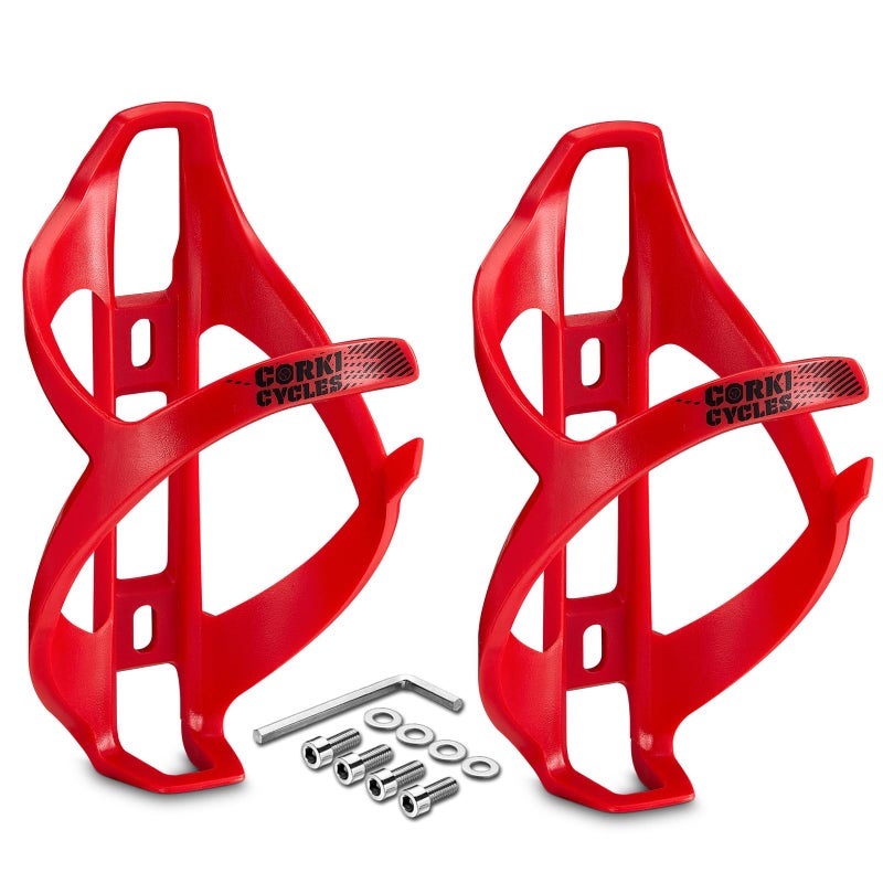 Corki Cycles Bike Water Bottle Holder Right Side Load Water Bottle Cage for Road, MTB, Gravel Bicycle Red 2 Pack - Image 1